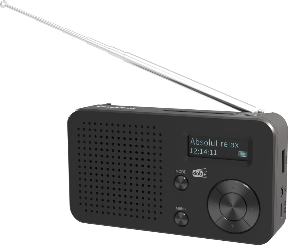 Rádio Telestar STOP 100 s plně vytaženou teleskopickou anténou a OLED displejem zobrazujícím stanici.