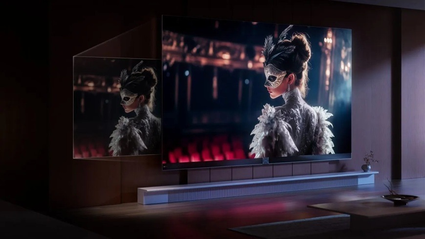 elevize Hisense 136MX s technologií širokých pozorovacích úhlů zobrazuje scénu ženy v masce na jevišti, která zůstává jasná a kontrastní i při pohledu ze strany.