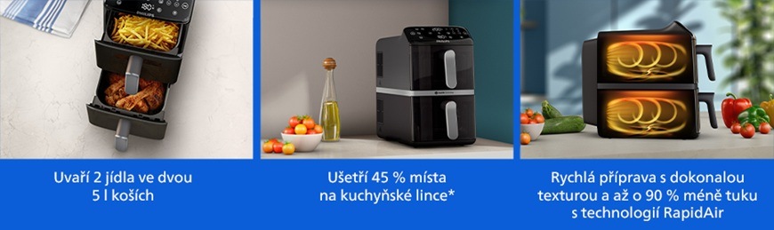 Fritéza horkovzdušná Philips Airfryer Dual Basket 4000 series 10 l, NA461/00 černá Koláž funkcí horkovzdušné fritézy Philips NA461/00 zobrazující přípravu dvou jídel současně ve dvou koších, kompaktní provedení šetřící místo na kuchyňské lince a technologii RapidAir pro rychlé vaření s nižším množstvím tuku.