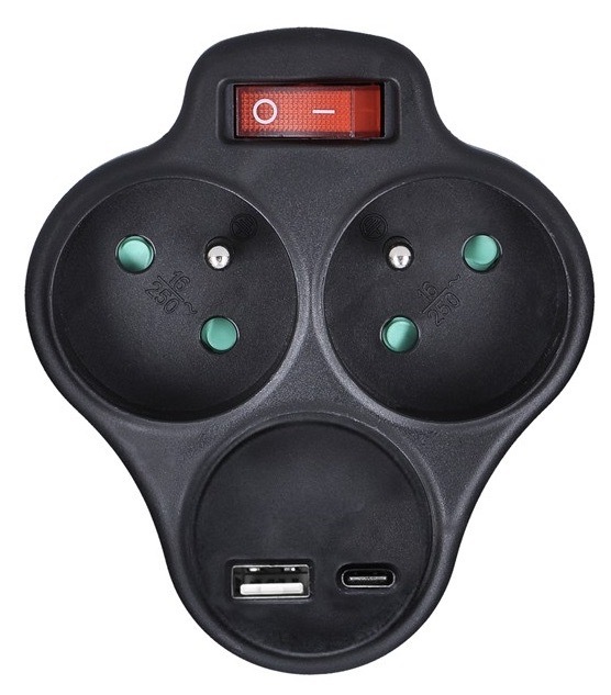 Rozbočka Solight 2× 10 A, USB A+C, rychlonabíječka 20W PD, černá barva