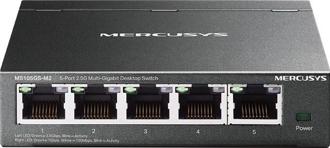 Čelní pohled na černý switch Mercusys s pěti očíslovanými porty RJ45, stavovými kontrolkami a indikátorem napájení.