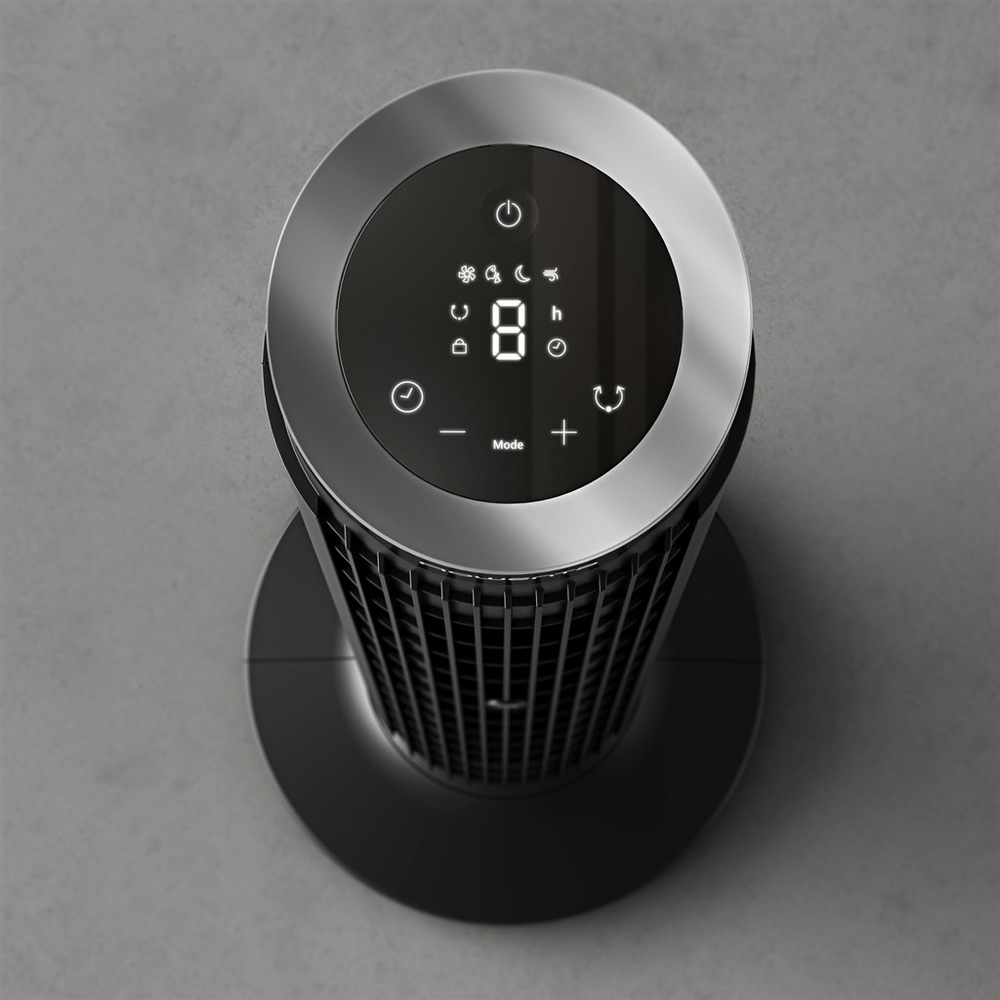 Ventilátor sloupový Rowenta VU7020F0 Eole Silence Force černý Pohled shora na dotykový ovládací panel ventilátoru Rowenta s LED displejem