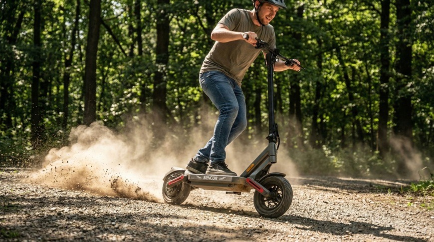 lektrická koloběžka Sencor SCOOTER S71 LIGHT při dynamické jízdě po lesní štěrkové cestě.