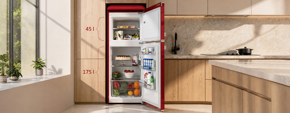 Otevřená červená retro chladnička ETA s objemem chladicí části 175 l a mrazáku 45 l v kuchyni