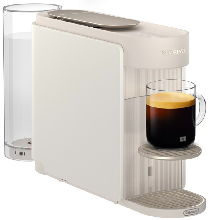 Kapslový kávovar DeLonghi Nespresso Vertuo Up ENV200.W v bílé barvě se šálkem kávy