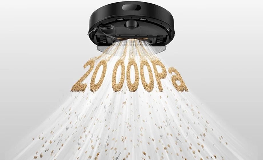 Robotický vysavač se stanicí Dreame F20 Plus znázorňuje, že dokáže nasávat nečistoty s výkonem až 20 000 Pa.