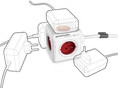 Kabel prodlužovací Powercube Extended USB, 4x zásuvka, 2x USB, 1,5m bílý/červený