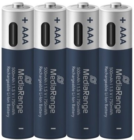 Baterie nabíjecí MediaRange MRBAT160, USB-C Li-Ion baterie Micro AAA, 1,5V, 500 mAh (4 ks) stříbrná/modrá Nabíjecí USB-C Li-Ion baterie MediaRange Micro AAA, 1,5V, 500 mAh v počtu 4ksv balení