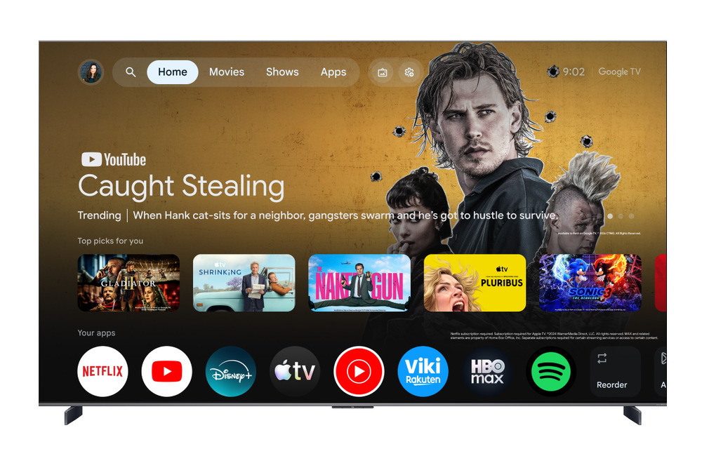Televize TCL 98RM7L Chytrá televize TCL s Google TV, přehledné rozhraní s aplikacemi jako Netflix, YouTube, Disney+ a dalšími streamovacími službami.