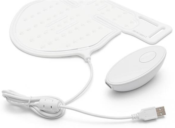 LED maska Rio DCLT2 bílá Detail dobíjecí LED masky Rio DecoLITE se silikonovým povrchem, ovladačem a USB kabelem