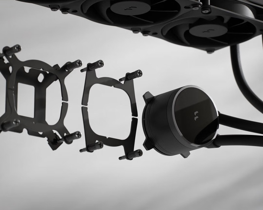 Detail bloku pumpy vodního chladiče FRACTAL DESIGN Radius 240 RGB s lesklým horním krytem
