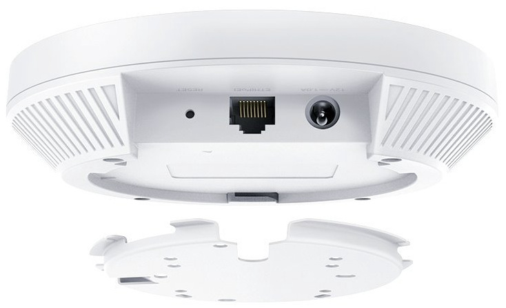 Přístupový bod TP-Link Omada EAP650 zespodu s LAN portem a montážní deskou