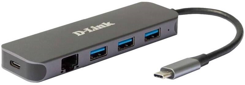 USB Hub D-Link 5v1 z USB-C na Gigabit Ethernet a funkcí Power Delivery šedý