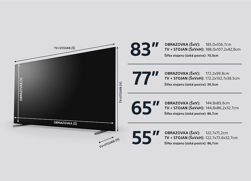 Televize Sony XR-77A80L Rozměry televizorů Sony v modelové řadě A80L