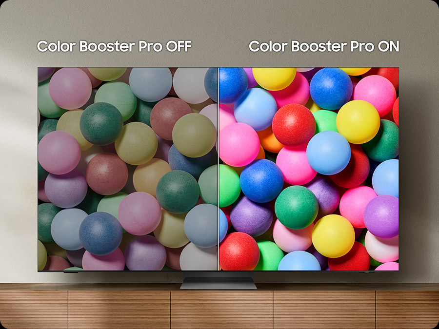 Televize Samsung QE65S95F Srovnání obrazu s funkcí Color Booster a bez ní