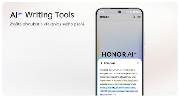 Displej telefonu HONOR Magic8 Lite 5G s funkcí AI Writing Tools pro úpravu textu