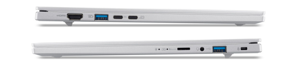 Zavřený notebook Acer Aspire 14 AI A14-61M-R5VQ) z obou profilů s portovou výbavou
