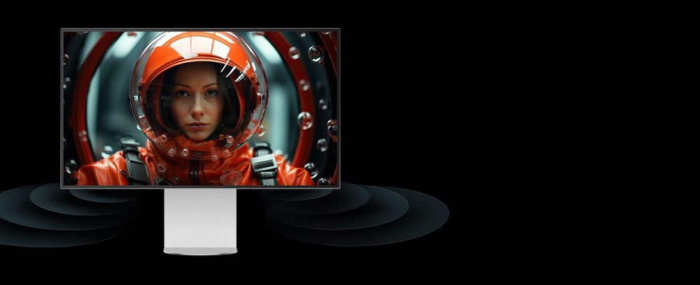 Monitor LG 32U990A-S černý/šedý Počítačová obrazovka zobrazuje soustředěného astronauta v zářivě oranžovém obleku a helmě na tmavém pozadí.