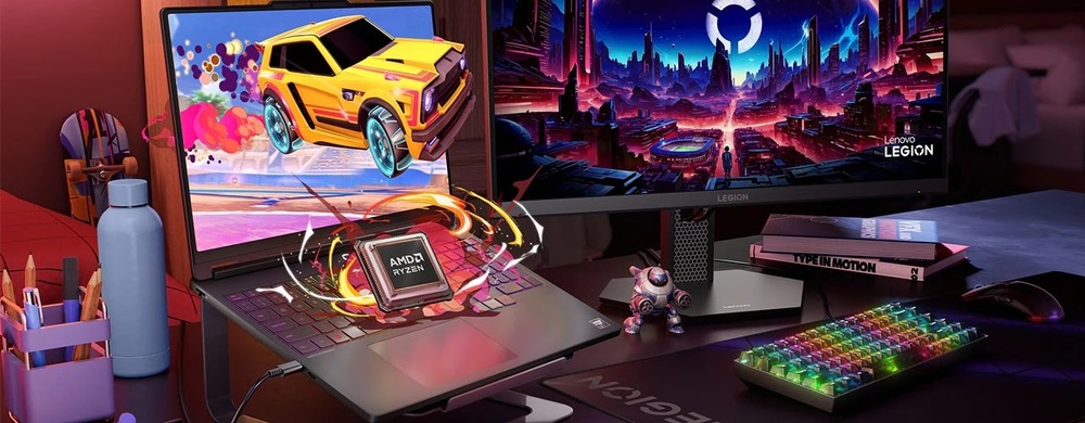 Notebook Lenovo Legion 5 15AGP11 černý Herní notebook Lenovo Legion 5a na stole propojený s monitorem a vizualizace procesoru AMD Ryzen nad klávesnicí