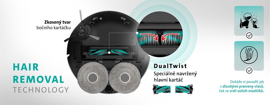 Spodní strana robotického vysavače ETA Master Aqua Pro s technologií Hair Removal, speciálním kartáčem DualTwist a šikmým bočním kartáčkem proti namotávání vlasů