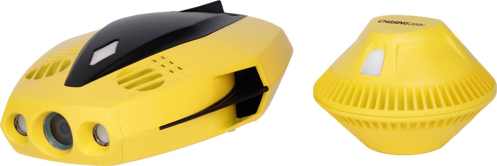 Žlutý podvodní dron Chasing Dory s přední kamerou a dvěma světly, vedle něj žlutá plovoucí Wi‑Fi bójka.