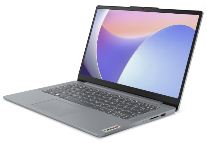 Šedý notebook Lenovo IdeaPad Slim 3 14AMN8 z pravého úhlu s otevřeným displejem