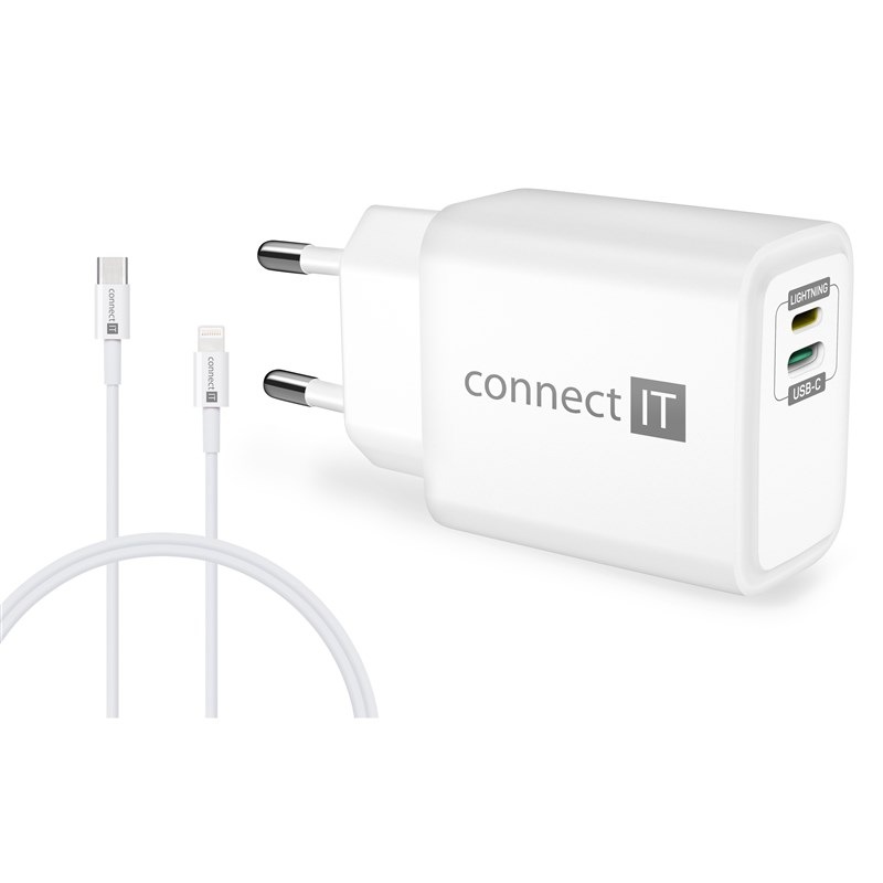 Nabíječka do sítě Connect IT 1x Lightning + 1×USB-C, 20W + kabel Lightning/USB-C bílá