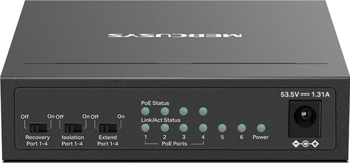 Switch Mercusys MS106GP ( MS106GP) černý Zadní strana switche se spínači režimů Recovery, Isolation a Extend pro porty 1 až 4, stavovými kontrolkami portů a konektorem napájení.