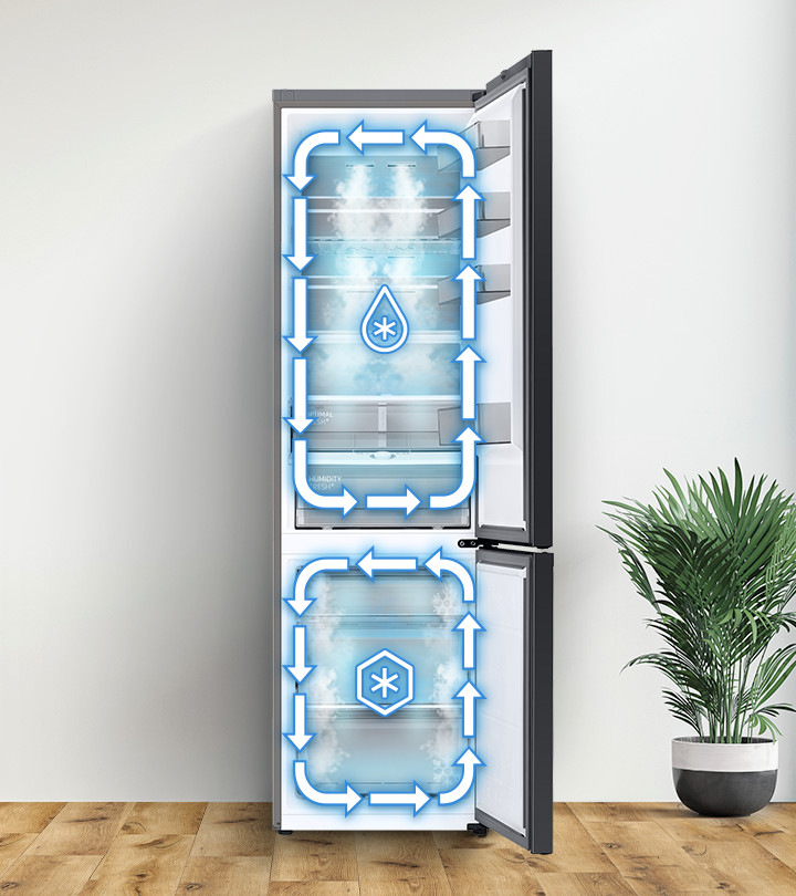 Lednice se znázorněním dvou oddělených chladících okruhů Twin Cooling