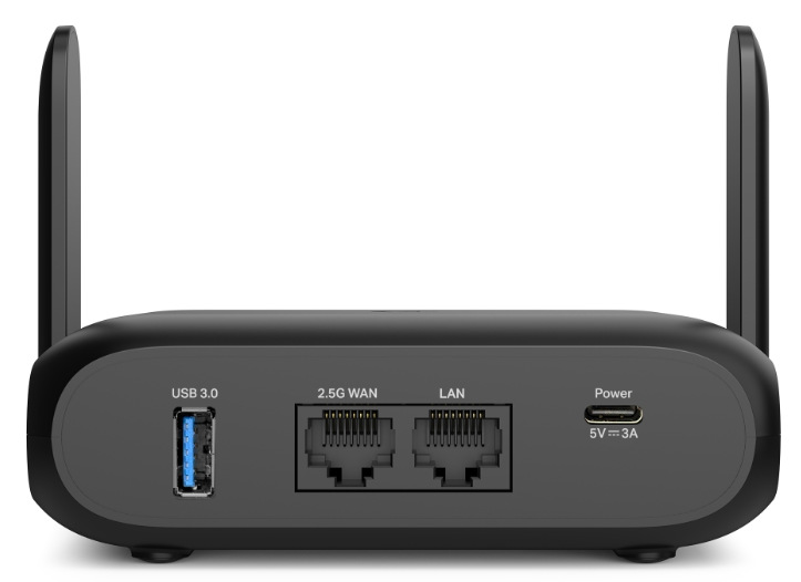 Zadní konektory routeru TP-Link TL-WR3602BE s USB 3.0, 2.5G WAN, LAN portem a USB-C napájením