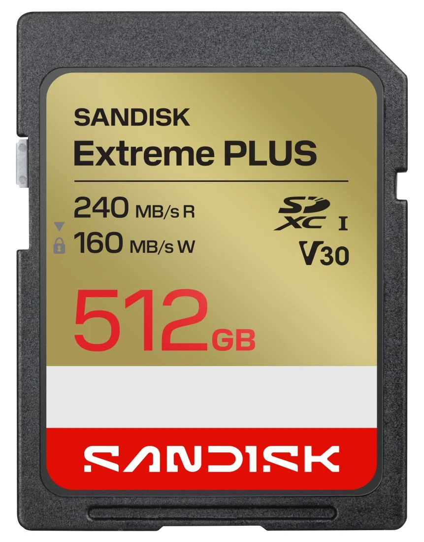 Paměťová karta SanDisk Extreme Plus SDXC 512 GB s rychlostní třídou V30 pro záznam videa ve vysokém rozlišení