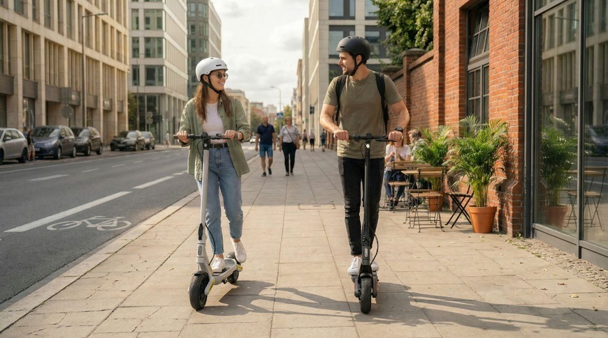 Elektrická koloběžka Sencor SCOOTER S71 DARK černá/šedá Muž a žena jedou na elektrických koloběžkách Sencor SCOOTER S71 DARK po městském chodníku.