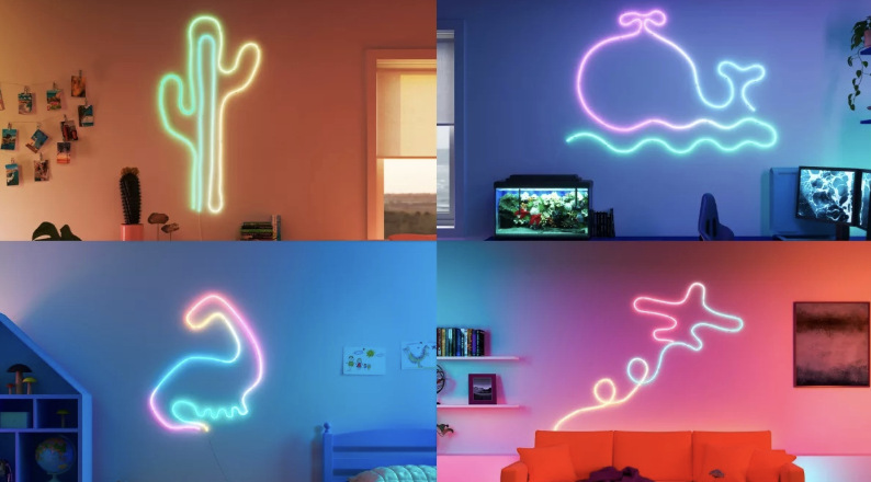 LED pásek vytvarovaný na stěnách do motivů kaktusu, velryby, dinosaura a padající hvězdy
