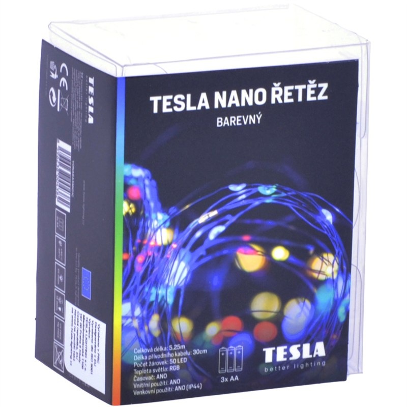 Vánoční osvětlení Tesla Lightning nano řetěz 50 LED, RGB, 5m + 30cm kabel, 3x AA baterie, časovač, IP44
