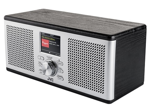 Stříbrno-černé digitální rádio JVC RA-E775B-DAB s dřevěným dekorem, barevným LCD displejem a stereo reproduktory a centrálním ovládacím kolečkem