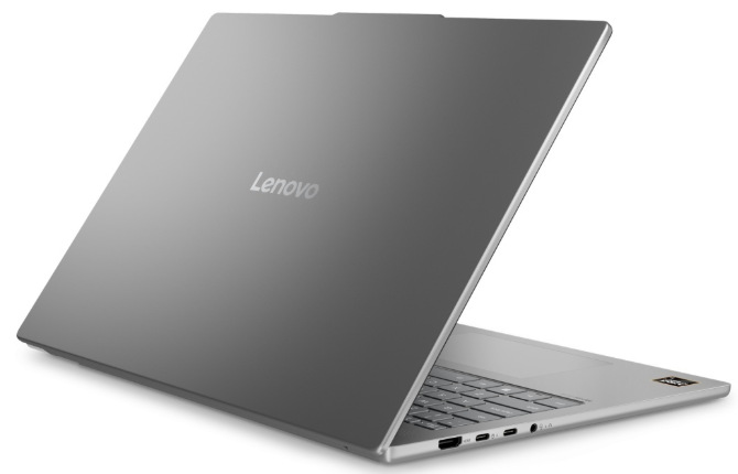 Notebook Lenovo IdeaPad Slim 5 16AKP10 šedý Zadní strana notebooku Lenovo s hliníkovým víkem, logem a konektory na levém boku