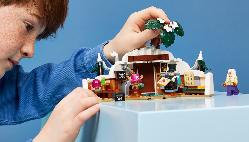 Stavebnice LEGO® ONE PIECE 75641 Úkryt Dr. Hiriluka Experimentální stůl, krb, psací stůl, knihy a pirátská vlajka dodávají horskému úkrytu autentickou atmosféru.