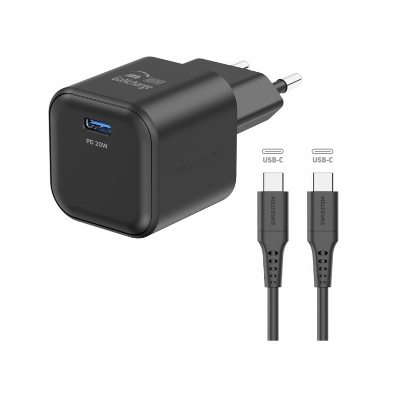 Nabíječka do sítě Swissten GaN 1x USB-C 20W PD +  kabel USB-C/USB-C 1,2 m černá