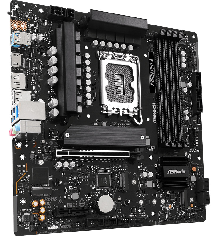 Základní deska ASRock B860M Pro-A Základní deska ASRock B860M Pro-A v černém provedení s masivními chladiči VRM a sloty DDR5