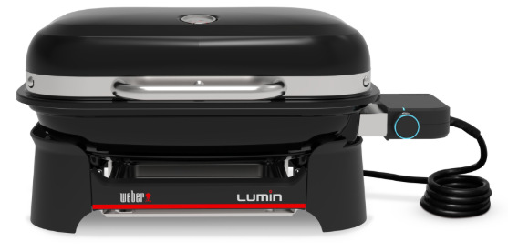Přední pohled na elektrický gril Weber Lumin Compact s ovládacím knoflíkem a kabelem