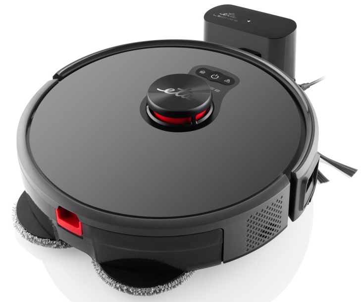 Robotický vysavač 2v1 ETA Leone 2 s rotačními mopy a nabíjecí stanicí – produktový snímek na bílém pozadí