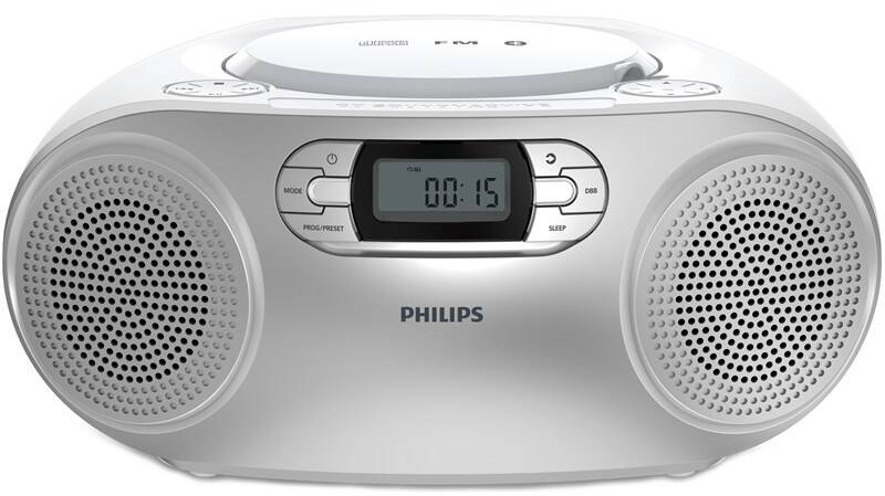 Stříbrný přenosný radiopřijímač Philips TAZ2000 s CD přehrávačem z čelního pohledu