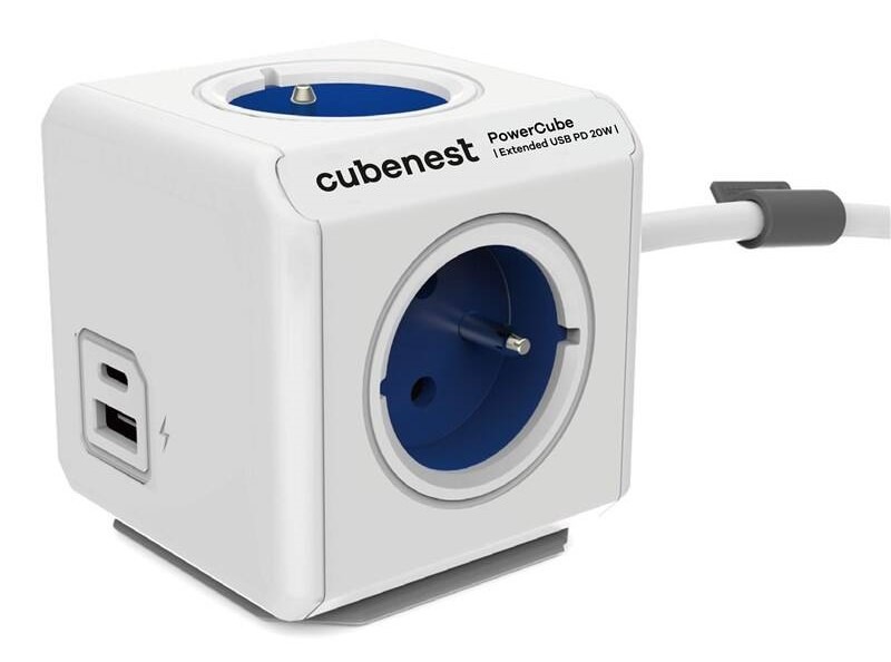Kabel prodlužovací Cubenest Powercube Extended USB PD 20W, USB, USB-C, 4x zásuvka, 1,5m bílý/modrý