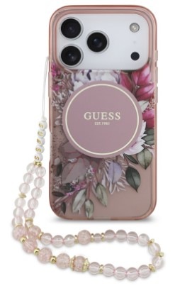 Kryt na mobil Guess IML Flowers Strap MagSafe na Apple iPhone 17 Pro růžový Kryt na mobil Guess IML Flowers Strap MagSafe na Apple iPhone 17 Pro růžový