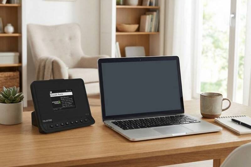 Telestar TOP 400 Hi-Fi adaptér umístěný na pracovním stole vedle notebooku v moderním interiéru