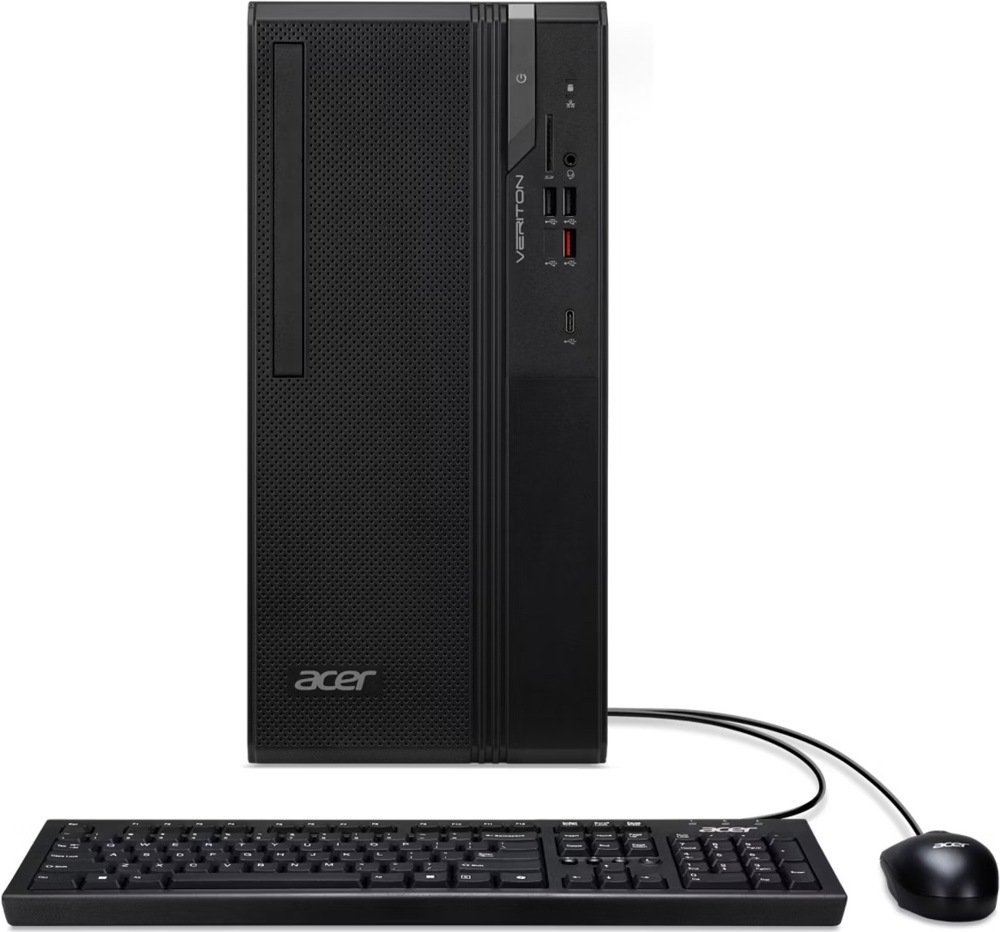 Na obrázku je stolní počítač Acer Veriton S2735G v černém provedení společně s kabelovou klávesnicí a myší. Počítačová skříň stojí svisle, má perforovaný přední panel s logem Acer a pravý ovládací panel s tlačítkem napájení, čtečkou karet, audio konektorem a několika USB porty včetně USB-C. Před skříní leží černá plnohodnotná klávesnice s numerickou částí a vpravo je černá drátová myš. Obrázek ukazuje kompletní pracovní sestavu vhodnou do kanceláře.