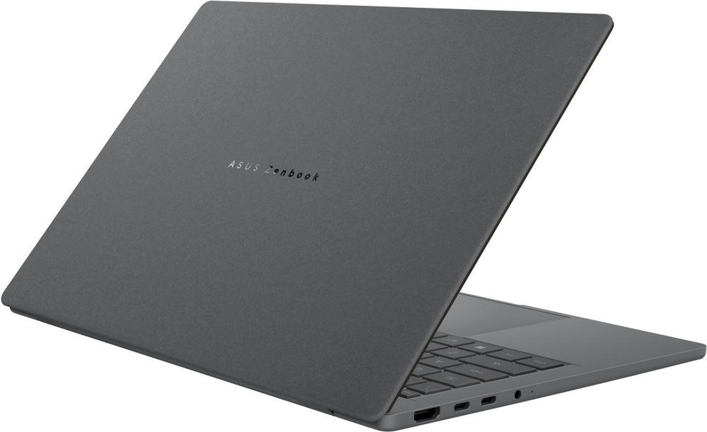 Notebook Asus Zenbook A14 šedý Pohled zezadu na na otevřený Zenbook A14