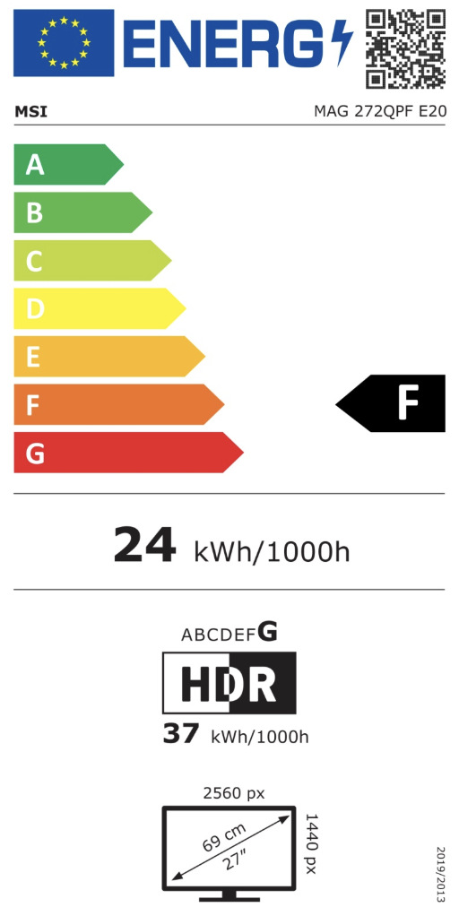 Energetický štítek monitoru MSI MAG 272QPF E20 s třídou F a spotřebou 24 kWh/1000 h