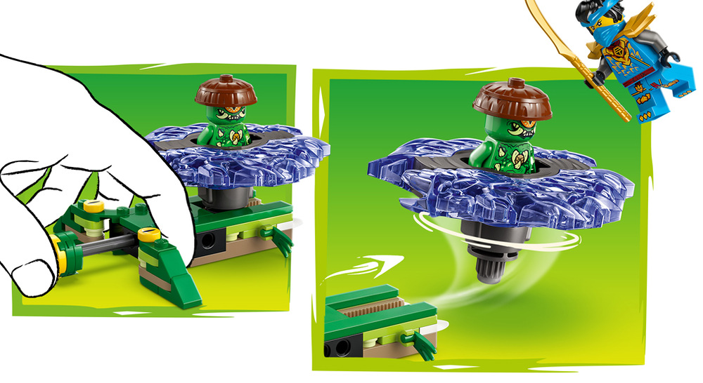 Stavebnice LEGO® NINJAGO® 71849 Nya vs. spinner zmutované příšery Nya a zmutovaná příšera se svými zbraněmi umožňují rozehrávat střety i mimo samotný spinner.