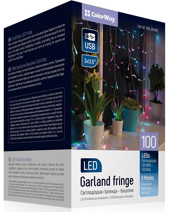 Vánoční osvětlení ColorWay vnitřní, 100 LED, 3× 0,6m, IP20, USB, vícebarevné